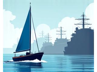 Illustration of a small boat navigating confidently past larger ships, symbolizing competitive advantage.