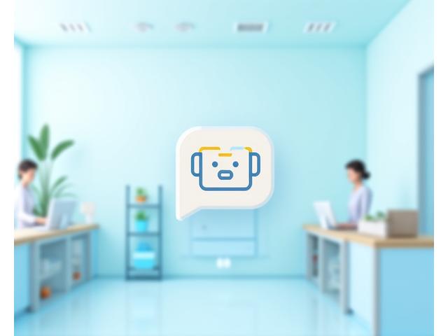 AI chatbot icon with two thought bubbles and a friendly face overlaying a customer service desk.