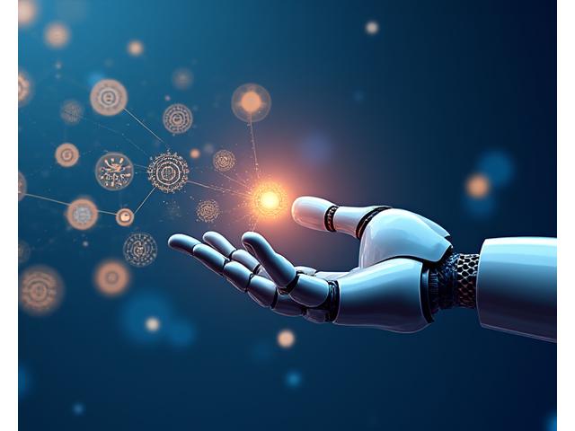 Abstract depiction of digital finance, with currency symbols, charts, and a robotic hand managing transactions.
