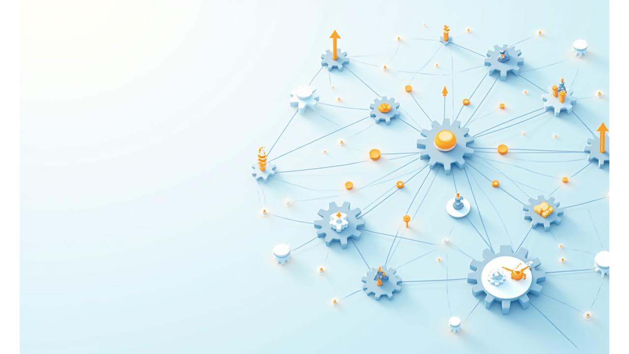 Illustration of a simplified, interconnected digital ecosystem with gears and data flows, representing streamlined small business operations facilitated by AI.