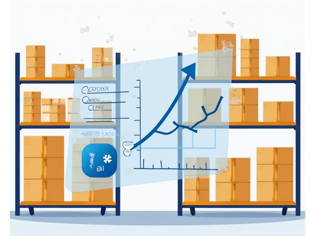 Illustration of warehouse shelves with product boxes and a digital interface showing inventory data, representing AI optimized stock.