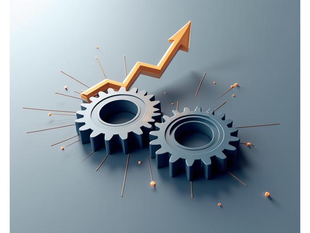 Abstract gears turning with an upward arrow and a magnifying glass, symbolizing continuous optimization and support for AI solutions.