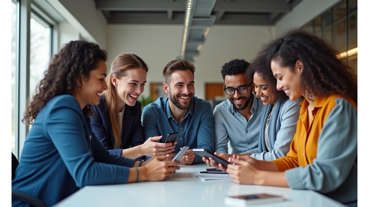 Diverse team collaboratively working, smiling, and engaged in a modern, inclusive office environment