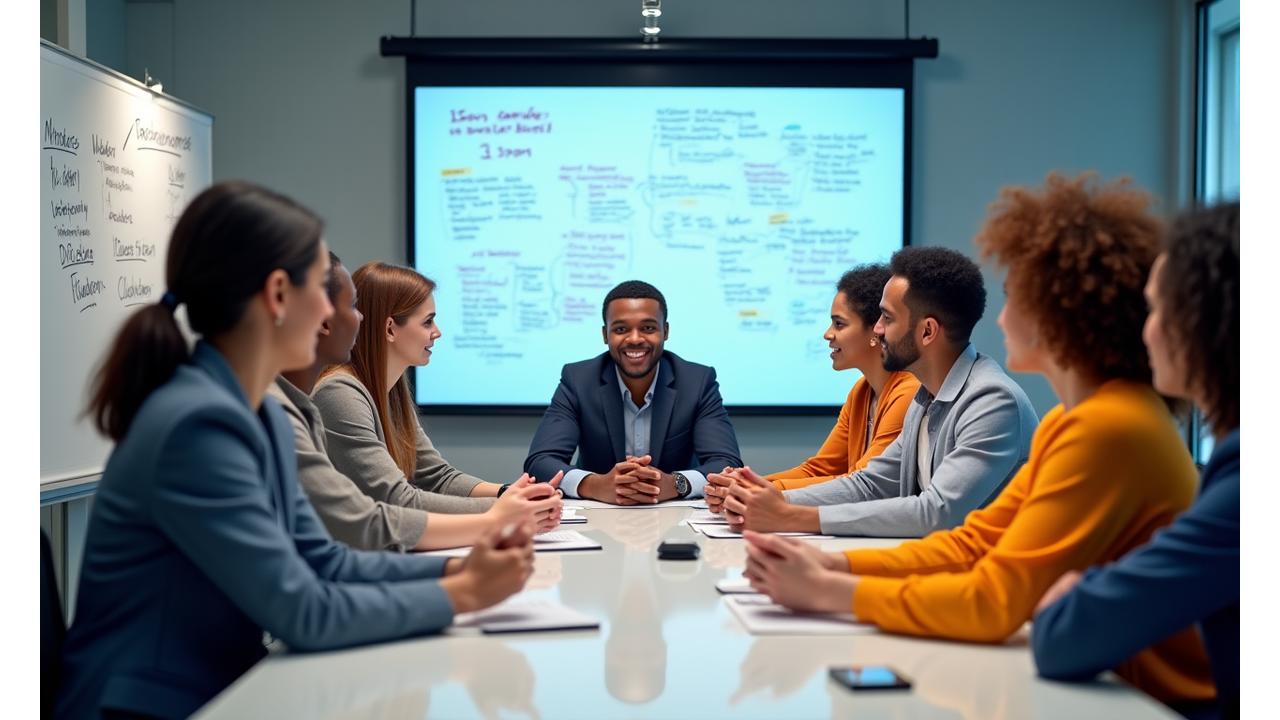 Professional group of diverse individuals participating in an interactive, inclusive leadership training session