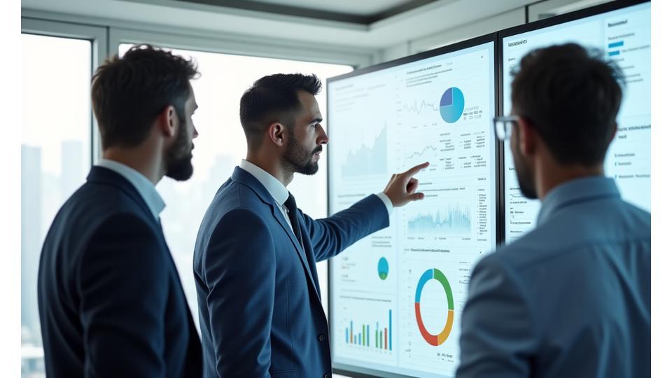Professional executives discussing success metrics in a modern office, charts and graphs visible on screens