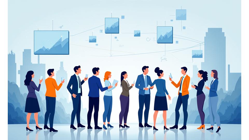 Illustration of a diverse group of professionals collaborating and adapting to new technology, symbolizing successful change management