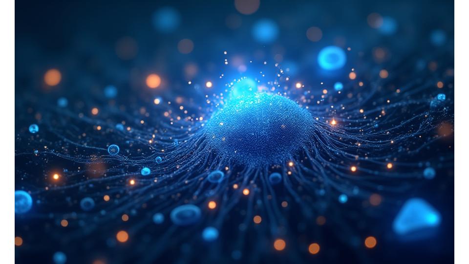 Dynamic 3D render of various interconnected emerging technologies like AI, IoT, and blockchain symbols