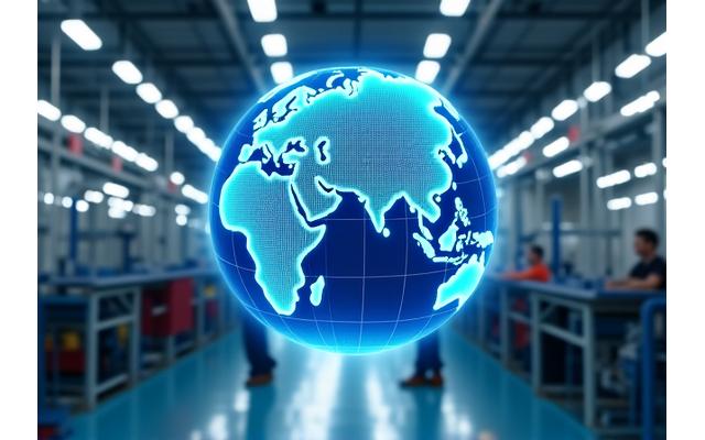 Factory floor with diverse workers and modern machinery and illuminated globe overhead