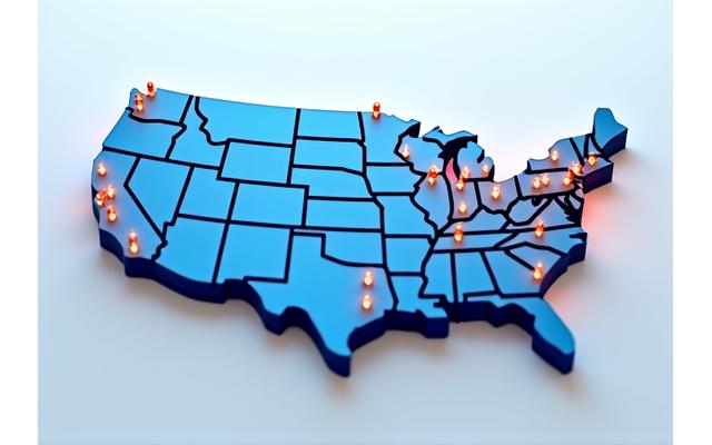 Abstract map of United States with glowing nodes representing new business locations