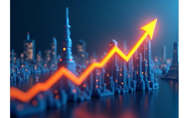 Graph showing exponential growth with European city skylines in the background