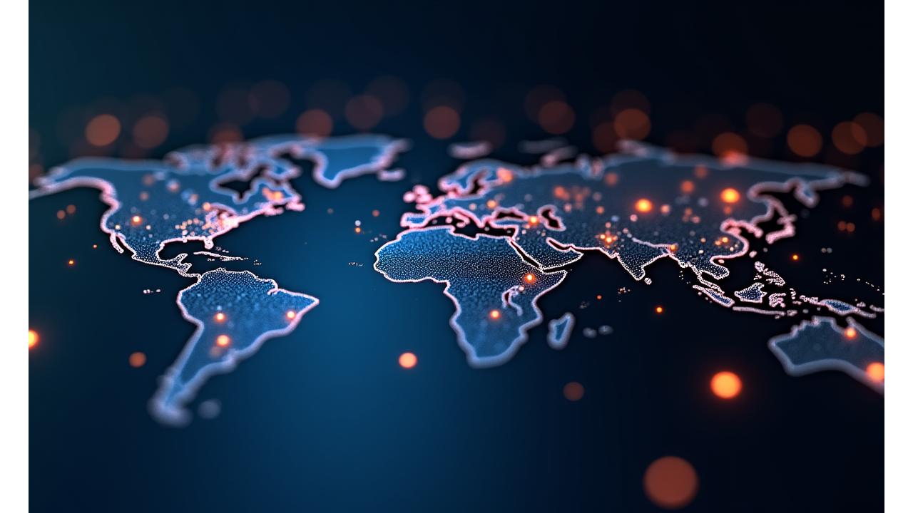 Global business expansion with converging data lines highlighting successful market penetration