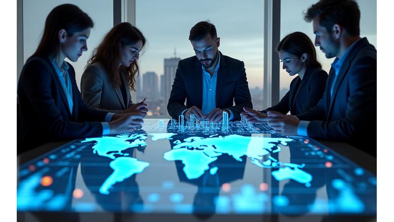 Team of diverse professionals collaborating on a global strategy map, surrounded by data visualizations and world city skylines