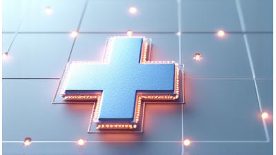 Illustrative image of a medical cross merging with network lines, representing healthcare delivered remotely and securely