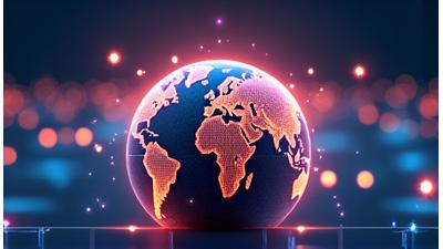 Dynamic illustration of interconnected nodes stretching across a globe, symbolizing global team expansion and connectivity