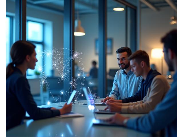 Diverse team collaborating effectively in a hybrid work environment, some in office, some remote, connected by digital tools