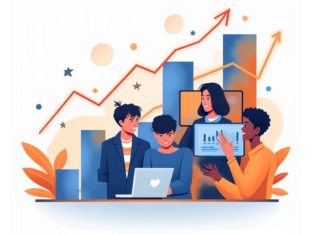 Graphically enhanced image showing upward trending charts and diverse team members collaborating via video calls