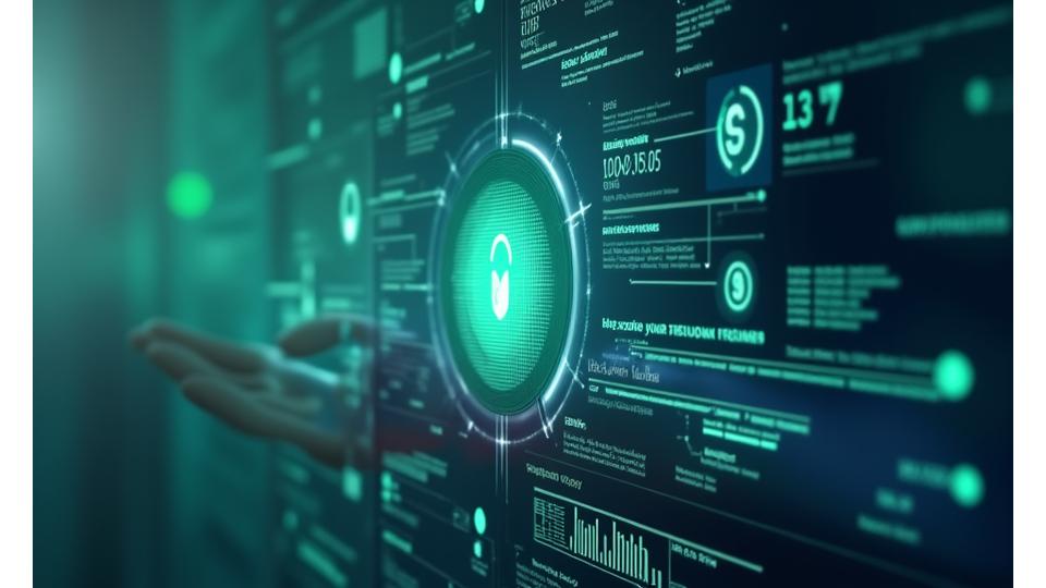 Digital representation of secure financial transactions with subtle green checkmarks and abstract currency symbols, set against a backdrop of flowing data.