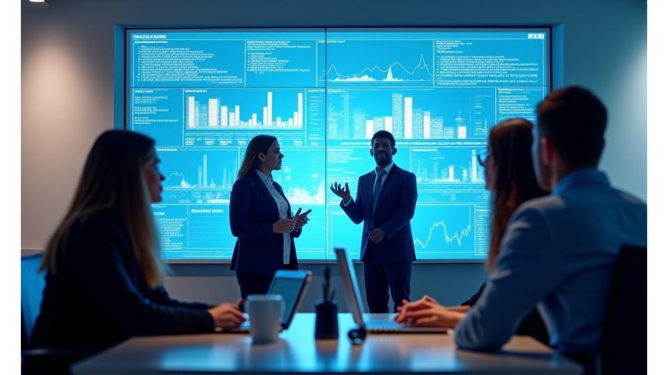 Clean, modern office setting with a diverse group of consultants collaborating around a large monitor, visualizing project milestones and data flows.